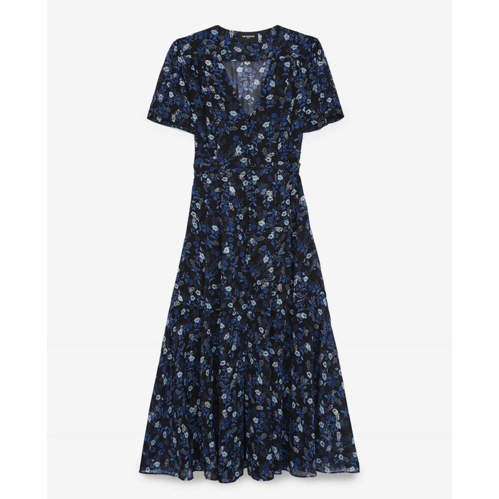 The Kooples Floral Print Midi Dress Black Blue Silver